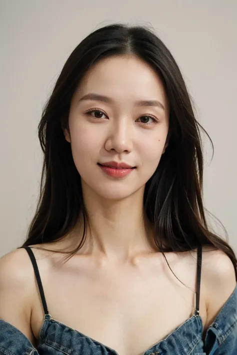 1girl,solo,smile,happy:1,long straight hair,straight bangs,look at viewers,brown eyes,looking at viewer,in studio,pure grey background,detailed skin,detailed face,studio light,parted lips,lips,bare shoulders,(black hair),(close up),messy hair, <lora:model-18:0.75>