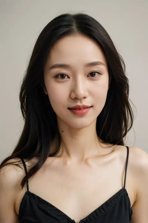 1girl,solo,smile,happy:1,long straight hair,straight bangs,look at viewers,brown eyes,looking at viewer,in studio,pure grey background,detailed skin,detailed face,studio light,parted lips,lips,bare shoulders,(black hair),(close up),messy hair, <lora:model-18:0.75>