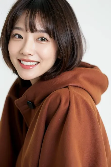 ((close up portrait:1)),A white woman is happy and laughing out loud,with short hair with bangs,(was wearing red Oversize coat:1 ),in a white pure studio,white background and studio light,