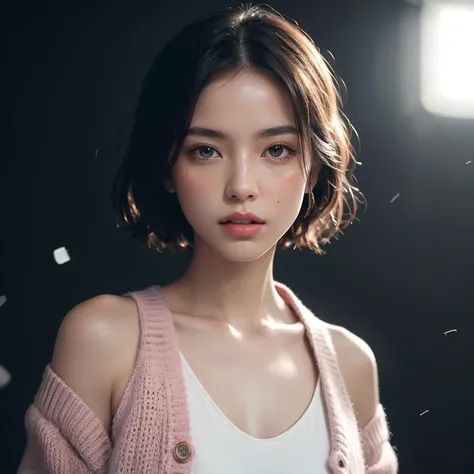 a stunning photograph of beautiful woman,Color film photograph,FilmG,8k,raw photo,(film grain:1),(floating dust particle:1.2),award winning photo,24mm,on focus,spotlight,rim light,in the dark,dimly lit,low key,deep shadow,looking at viewer,(highly detailed skin:1.8),black eyes,petite athletic body,half shave haircut,white dress,pink cardigan,