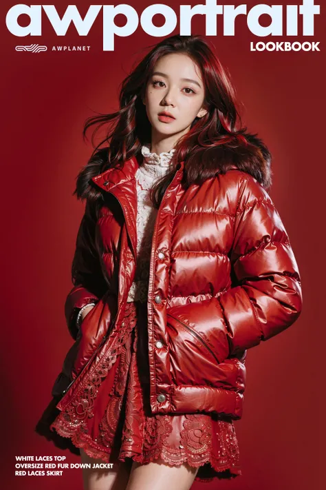 (masterpiece, top quality, best quality, ((standing in centre)), (1girl, red hair, upper body),  ((wear an red oversize fur lace down jacket,  lace skirt)),  studio light, emotional face,  extreme detailed, (red background), highest detailed.
