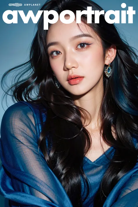 masterpiece, best quality, 1girl, ocean blue background, black hair, Long curly hair, face front, ((blue fashion silk lone costume with blue swirling vortexes pattern)), emotional face, (close up portrait), make up, studio light, studio, ((not open mouth, no teeth))