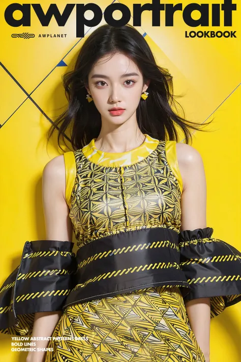 (masterpiece, top quality, best quality, ((standing in centre)), ((1girl, black hair)), ((upper body, symmetrical composition)), ((wear yellow abstract patterns dress bold lines, geometric shapes)), (pure yellow abstract patterns background), ((studio light)) ((studio portrait)), emotional face, face front, extreme detailed