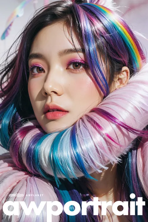 masterpiece, best quality, 1girl, rainbow and purple swirling vortexes colourful cloudy and smoke and colorful background, (snowing) (( swirling vortexes colourful hair)), wear white fur coat, ((long Hair)), ((front)), emotional face, close up, studio light, studio, (((makeup portrait, pink eye shadow))), ((with many purple rainbow swirling vortexes colourful snow and feather on face))