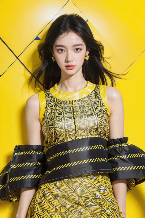 (masterpiece, top quality, best quality, ((standing in centre)), ((1girl, black hair)), ((upper body, symmetrical composition)), ((wear yellow abstract patterns dress bold lines, geometric shapes)), (pure yellow abstract patterns background), ((studio light)) ((studio portrait)), emotional face, face front, extreme detailed