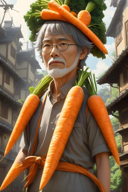 young man with carrot head, standing in the street, wearing black leather jacket, blue jeans!!!, long blonde hair and dark red lipstick!!!!!! digital artwork by wlop!!! and greg rutkowski! and alphonse mucha, trending on artstation, 4 k, epic, highly detailed, cinematic composition!!!, hd, sharp focus, concept art, digital painting, <lora:CarrotHead num (8):1>