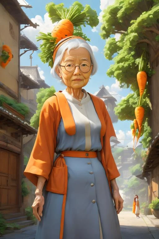 (old lady:1.4) with carrot head, 90 years old, standing in the street, wearing black leather jacket, blue jeans!!!, white hair, digital artwork by wlop!!! and greg rutkowski! and alphonse mucha, trending on artstation, 4 k, epic, highly detailed, cinematic composition!!!, hd, sharp focus, concept art, digital painting, <lora:CarrotHead num (8):1>