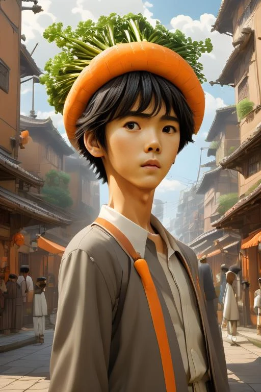 young (man:1.5) with carrot head, 25 years old, standing in the street, wearing black leather jacket, blue jeans!!!, black hair, digital artwork by wlop!!! and greg rutkowski! and alphonse mucha, trending on artstation, 4 k, epic, highly detailed, cinematic composition!!!, hd, sharp focus, concept art, digital painting, <lora:CarrotHead num (8):1>