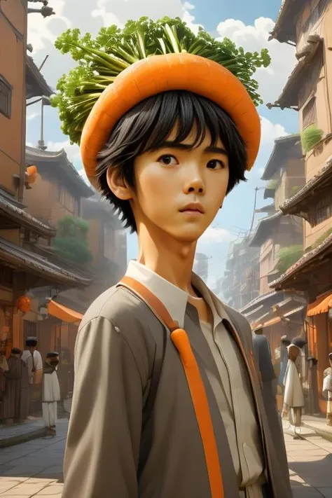 young (man:1.5) with carrot head, 25 years old,  standing in the street, wearing black leather jacket, blue jeans!!!, black hair,  digital artwork by wlop!!! and greg rutkowski! and alphonse mucha, trending on artstation, 4 k, epic, highly detailed, cinematic composition!!!, hd, sharp focus, concept art, digital painting,  <lora:CarrotHead num  (8):1>