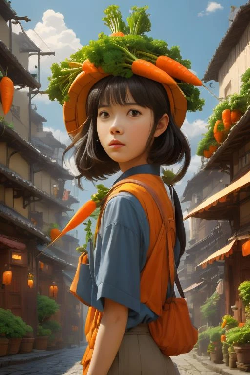 young man with carrot head, 25 years old, standing in the street, wearing black leather jacket, blue jeans!!!, black hair, digital artwork by wlop!!! and greg rutkowski! and alphonse mucha, trending on artstation, 4 k, epic, highly detailed, cinematic composition!!!, hd, sharp focus, concept art, digital painting, <lora:CarrotHead num (8):1>