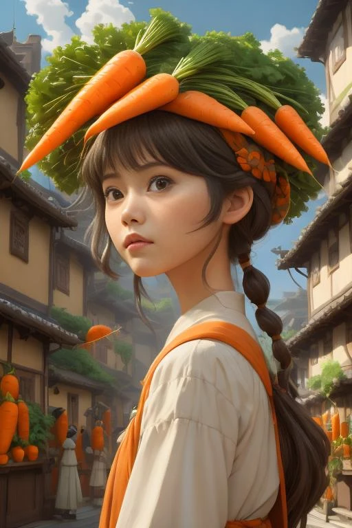 young woman with carrot head, standing in the street, wearing black leather jacket, blue jeans!!!, long blonde hair and dark red lipstick!!!!!! digital artwork by wlop!!! and greg rutkowski! and alphonse mucha, trending on artstation, 4 k, epic, highly detailed, cinematic composition!!!, hd, sharp focus, concept art, digital painting, <lora:CarrotHead num (8):1>