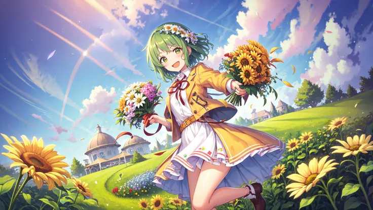 flower, holding_flower, sunflower, sunflower_hair_ornament, yellow_flower, dandelion, orange_flower, yellow_rose, flower_field, daisy, hat_flower, fireworks, day, field, holding, kazami_yuuka, potted_plant, hair_flower, bouquet, cloud, green_eyes, building, outdoors, watering_can, ribbon, pom_pom_\(cheerleading\), dress, sky, open_mouth, holding_bouquet, blue_sky, vase, smile, 1girl, flower_pot, open_clothes, hauchiwa, wooden_fence, solo, tulip, windmill, pink_jacket, looking_at_viewer, head_wreath, collared_shirt, spider_lily, ginkgo_leaf, wheat, cloudy_sky, ferris_wheel