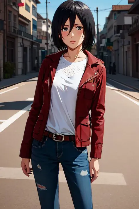 mikasa1 a woman, ((casual outfit)), looking at the viewer, half body photo, at the streets, <lora:httpmikasa:1:lbw=FACES>