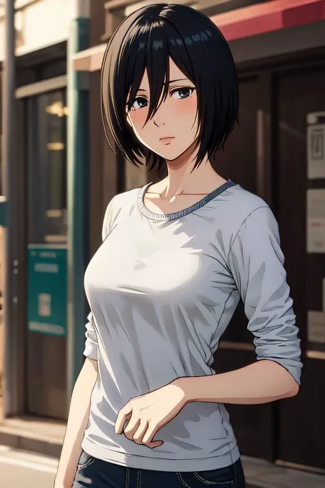 mikasa1 a woman, ((casual outfit)), looking at the viewer, half body photo, at the streets, <lora:httpmikasa:1:lbw=FACES>