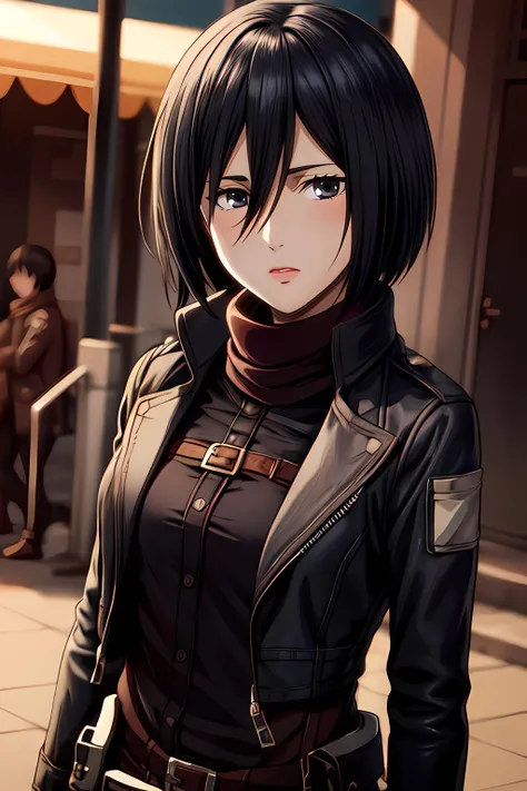 mikasa1 a woman, depth of field, (upper body:1.2), looking at the viewer, black jacket, at the streets, <lora:httpmikasa:1:lbw=FACES>