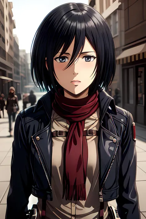 Anime girl with black hair and a red scarf walking down a street ...