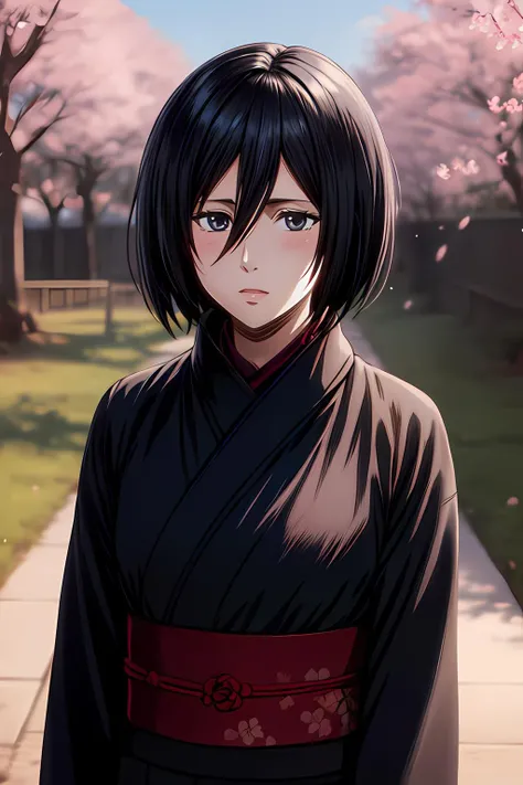 mikasa1 a woman, depth of field, adult, (upper body:1.2), looking at the viewer, black kimono, cherry blossom trees, <lora:httpmikasa:1:lbw=FACES>