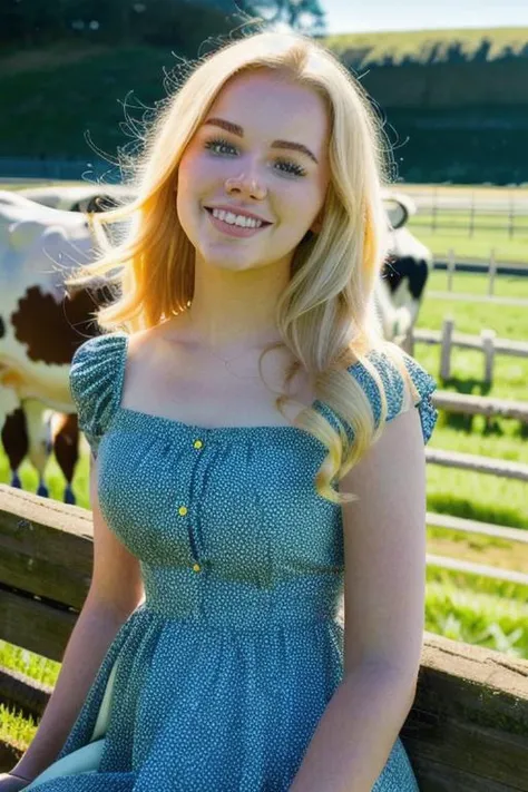 raw closeup of a stunningly beautiful woman, blonde, (perfect face), (wearing a light yellow sundress), on a grassy knoll, a cow in background), RAW, 8K, UHD, natural lighting, perfect day, stunning eyes, amateur, candid, extreme close up