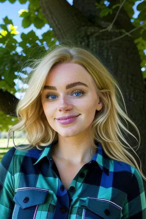 raw photo of a stunningly beautiful young woman in a cute button up shirt, under an oak tree, happy on a perfect day, 8K, UHD, rays of light, cinematic lighting, highly detailed face, curly blonde hair, extreme close up, upper body, candid, amateur, blue skies, nice smile