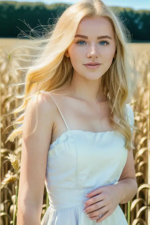 (close up:1.1) of a stunningly beautiful young woman <lora:ev4vl44r:1>, blonde, (perfect face), (wearing a light yellow sundress), standing in a field of wheat, highly detailed face, RAW, 8K, UHD, natural lighting, perfect day, stunning eyes, amateur, candid