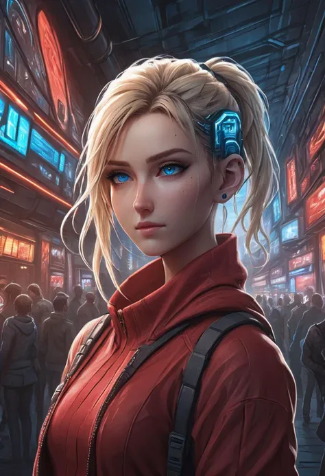 anime style, girl, cyberpunk, mad-hdwr, photo of 18yo english woman,  long blond hair, ponytail, light smile, (facing viewer:1.2), cablelink, (red dress), in a nightclub, perfect detailed (ice blue) eyes, crowded bar, detailed background, 8k, uhd, dslr, ultra high res,