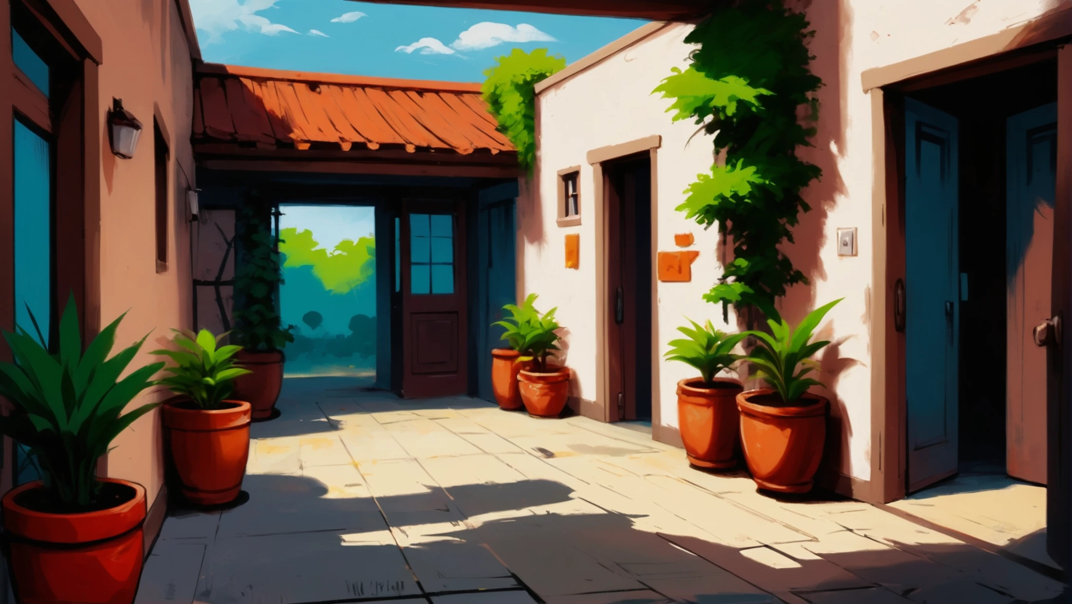 rough brushy digital painting, palette knife, sketch, anime style, Courtyard \(room\) <lora:EnvyStarlightAnimeDigitalPainting01:1>