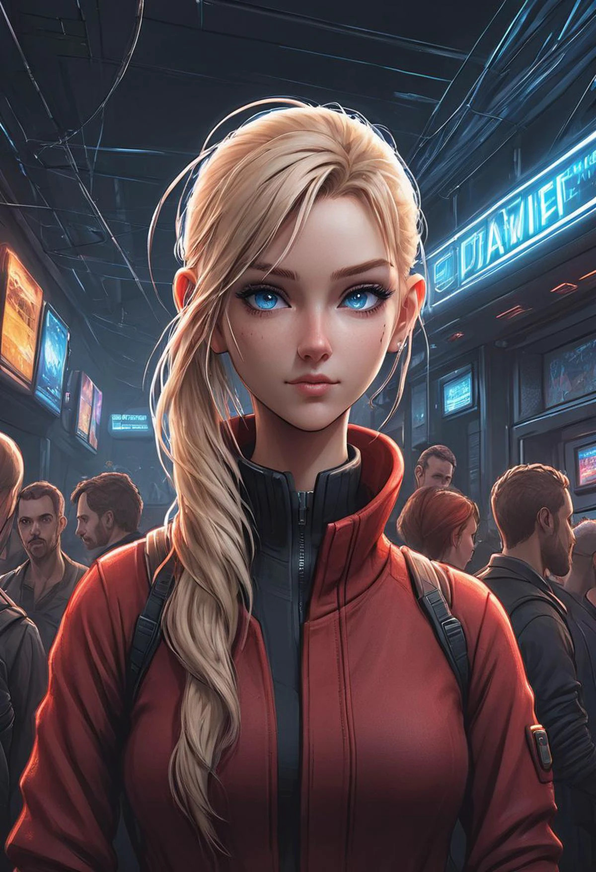 anime style, girl, cyberpunk, mad-hdwr, photo of 18yo english woman, long blond hair, ponytail, light smile, (facing viewer:1.2), cablelink, (red dress), in a nightclub, perfect detailed (ice blue) eyes, crowded bar, detailed background, 8k, uhd, dslr, ultra high res,