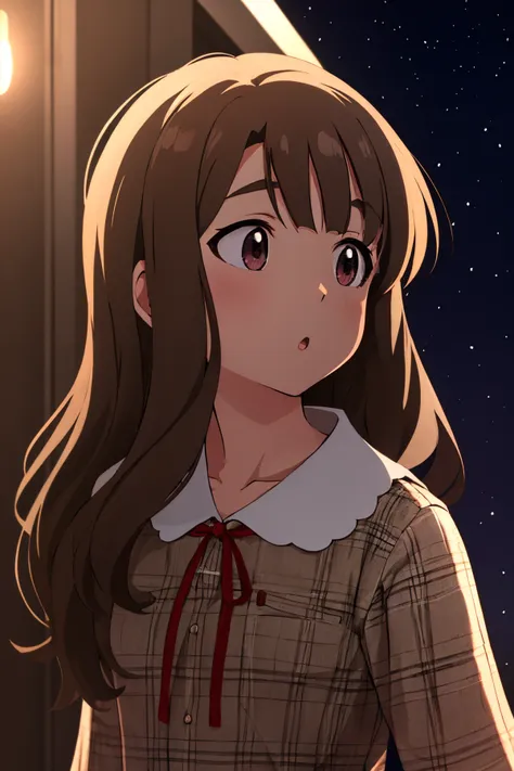 miyao miya, looking to the side, looking away, brown dress, :o, red ribbon, neck ribbon, plaid dress, collarbone, looking up, collared dress, parted lips, upper body, starry sky, night, 1girl, looking afar <lora:miyao_miya_locon:0.8> <lora:fingers4civitai:1:1:lbw=OUTALL>