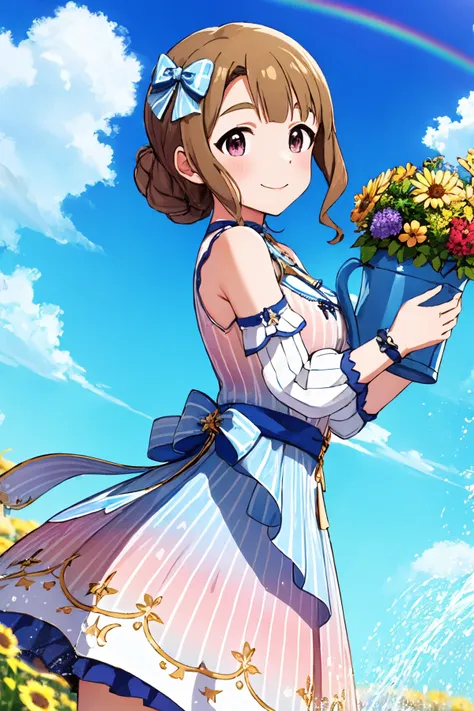 miyao miya, mugen rainbow, solo, sky, lens flare, flower, cloud, watering can, looking at viewer, smile, blue sky, cloudy sky, outdoors, day, 1girl, gradient dress, sleeveless dress, detached sleeves, puffy sleeves, two-tone dress, blue dress, pink dress, frilled dress, vertical-striped dress, sidelocks, braid, hair bow, blue bow, hair ornament, arm bow, striped bow, blue waist bow, blue choker, wristband, holding watering can <lora:miyao_miya_locon_v2:0.7>