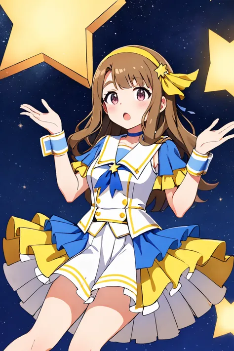 miyao miya, taurus memories, 1girl, collarbone, starry sky print, star print, looking at viewer, medium breasts, hands up, open mouth, :o, blush, starry background, hair ribbon, solo, wrist cuffs, white shirt, sailor collar, short sleeves, layered sleeves, yellow sleeves, blue sleeves, star ornament, blue neckerchief, yellow hairband, hair ornament, star hair ornament, blue choker, white skirt, pleated skirt, layered skirt, yellow skirt, blue skirt, frilled skirt <lora:miyao_miya_locon_v2:0.7>