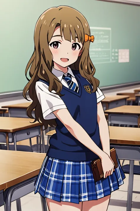 miyao miya, summer-highschool, cowboy shot, solo, open mouth, blush, wavy hair, looking at viewer, 1girl, smile, standing, school uniform, sweater vest, blue vest, collared shirt, white shirt, short sleeves, blue necktie, diagonal-striped necktie, hair bow, orange bow, miniskirt, plaid skirt, blue skirt, pleated skirt, emblem, classroom  <lora:miyao_miya_locon_v2:0.7>