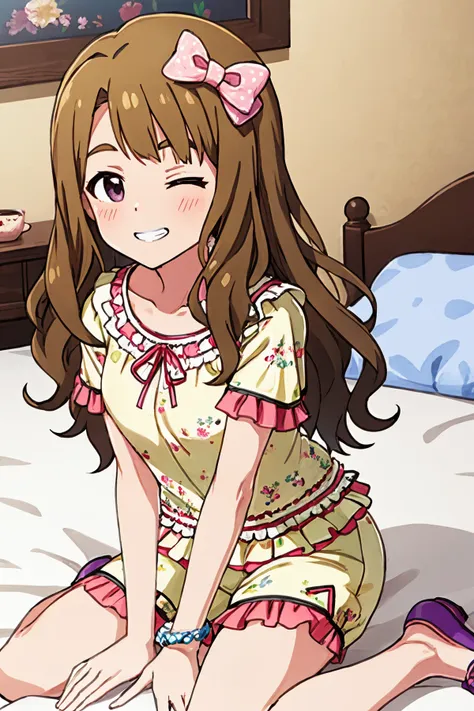 miyao miya, happiness roomwear, smile, arm support, sandals, one eye closed, ribbon, wavy hair, sitting, grin, bed, on bed, looking at viewer, purple footwear, slippers, wariza, 1girl, bracelet, solo, collarbone, blush, frills, pajamas, print dress, floral print, short sleeves, frilled sleeves, yellow shirt, pink bow, hair bow, polka dot bow, yellow shorts, frilled shorts, print shorts, print shirt  <lora:miyao_miya_locon_v2:0.7>