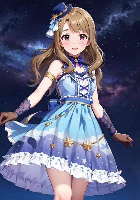 (masterpiece, best quality:1.0), highly detailed, intricate detail,  1girl, miyao miya, ciel etoile, frilled dress, sleeveless dress, print dress, layered dress, blue dress, center frills, starry sky print, lace gloves, elbow gloves, black gloves, armlet, mini hat, star hat ornament, hat ornament, hat bow, blue headwear, tilted headwear, blue bowtie, blue waist ribbon, star choker<lora:miyao_miya_locon_v2:0.7>