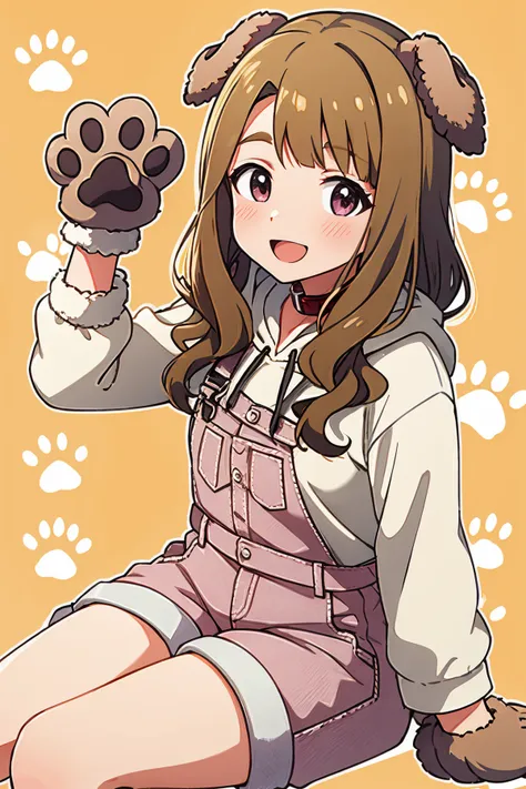 miyao miya, wanwan wanderful, sitting, 1girl, solo, dog tail, looking at viewer, smile, paw print background, blush, open mouth, dog girl, overalls, long sleeves, white hoodie, hood down, fur-trimmed sleeves, animal collar, paw gloves, fur-trimmed gloves, dog ears, overall shorts <lora:miyao_miya_locon_v2:0.7>