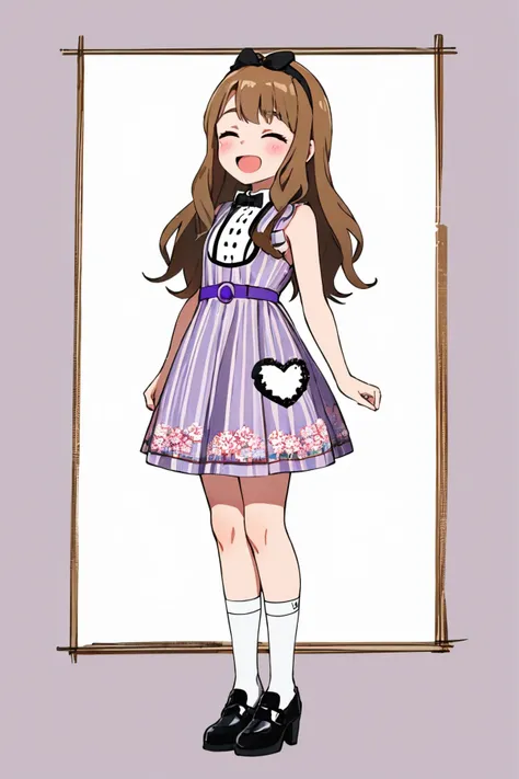 miyao miya, fleuranges, closed eyes, standing, open mouth, white legwear, solo, shoes, blush, white socks, red flower, full body, black footwear, smile, 1girl, socks, vertical-striped dress, sleeveless dress, purple dress, print dress, floral print, pocket, flower ornament, black hairband, bow hairband, black bowtie, purple belt, buckle, buttons <lora:miyao_miya_locon_v2:0.7>
