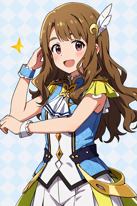 miyao miya, lumiere papillon, open mouth, 1girl, argyle background, looking at viewer, wing hair ornament, blush, smile, :d, bracelet, wavy hair,  sleeveless jacket, polka dot jacket, blue jacket, white neckerchief, butterfly necklace, feather hair ornament, wristband, wrist cuffs, epaulettes, yellow sleeves, white sleeves, short sleeves, layered sleeves <lora:miyao_miya_locon_v2:0.7>