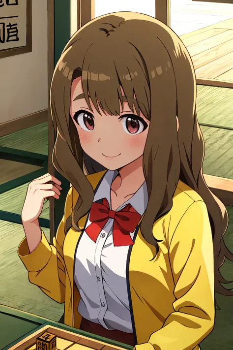 miyao miya, window, shogi piece, shogi, collarbone, smile, tatami, yellow jacket, open jacket, white shirt, red bowtie, 1girl, indoors <lora:miyao_miya_locon:0.8> <lora:fingers4civitai:1:1:lbw=OUTALL>