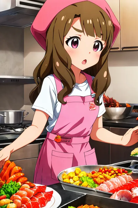 miyao miya, bowl, open mouth, carrot, :o, apron, plate, shrimp, kitchen, sashimi, 1girl, frying pan, cooking, food, vegetable, orange \(fruit\), tempura, white hood, white shirt, blue skirt, pink apron <lora:miyao_miya_locon:0.7> <lora:fingers4civitai:1:1:lbw=OUTALL>