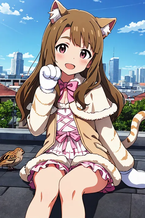 miyao miya, miyao-coord, smile, sky, rooftop, blush, solo, outdoors, sitting on rooftop, tree, street, building, house, skyscraper, striped shirt, cityscape, town, open mouth, looking at viewer, bird, sparrow, city, day, paw gloves, cat ears, fur-trimmed dress, bloomers, cat costume, cat tail, pink bowtie, animal ear fluff, frilled dress, fur-trimmed capelet, white capelet, long sleeves, brown cross-laced clothes <lora:miyao_miya_locon_v2:0.7>