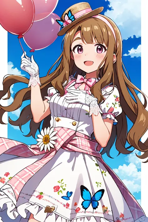 miyao miya, butterfly-effect, sky, blush, smile, cloud, balloon, 1girl, looking at viewer, wavy hair, white flower, blue sky, hands up, solo, open mouth, day, white dress, print dress, floral print, frilled dress, puffy short sleeves, tilted headwear, butterfly hat ornament, pink bowtie, hair bow, pink bow, white gloves, lace gloves, frilled gloves, waist ribbon, plaid ribbon, pink ribbon, flower ornament, pink hairband, brown headwear, mini top hat, hair ornament, butterfly print  <lora:miyao_miya_locon_v2:0.7>