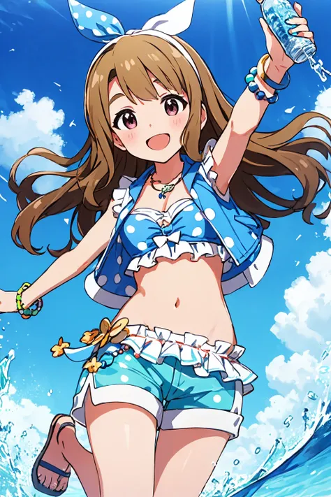 miyao miya, healing pop, midriff, smile, looking at viewer, 1girl, water, ocean, sky, cloud, outstretched arms, water bottle, white shorts, water drop, solo, open mouth, necklace, nail polish, splashing, ramune, jumping, navel, blush, holding bottle, bracelet, blue vest, polka dot vest, frilled vest, open vest, polka dot bikini, frilled bikini, bikini skirt, bow hairband, aqua shorts, plaid shorts, bead bracelet, polka dot hair bow, white hairband <lora:miyao_miya_locon_v2:0.7>