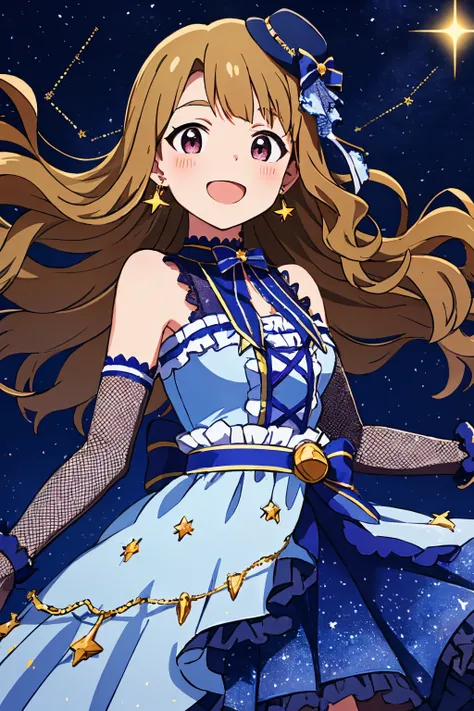 miyao miya, ciel etoile, smile, armle, star \(sky\), constellation print, starry sky, 1girl, wavy hair, constellation, open mouth, starry background, blush, earrings, floating hair, fishnet gloves, very long hair, night sky, bare shoulders, blue bow, frilled dress, sleeveless dress, print dress, blue dress, starry sky print, mini hat, star hat ornament, hat ornament, hat bow, blue headwear, tilted headwear, blue bowtie, blue waist ribbon, star choker, lace gloves, black gloves, elbow gloves, center frills, layered dress, star earrings <lora:miyao_miya_locon_v2:0.7>