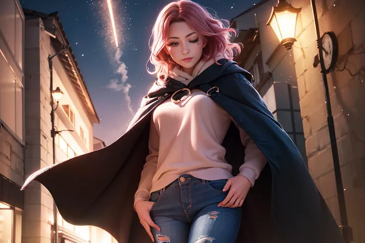 melina \(elden ring\), 1girl, ashes, blush, burning, cloak, closed mouth, erdtree \(elden ring\), eyelashes, facial mark, lips, looking away, looking down, medium hair, motion blur, o-ring, one eye closed, orange eyes, pink hair, portrait, solo , ((masterpiece)) <lora:melinaEldenRingLora_v1:0.65>, parka, ripped jeans, street wear, (nervous512),black cloak, walking down a dark alley, night city on the background, in the center of the frame, looking at viewer, makeup, sexy, solo, slight smile, outdoors, 8k uhd, film grain, (night),