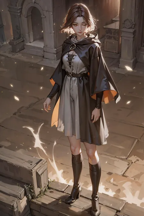 best quality, masterpiece, 
melina \(elden ring\), brown hair,medium short hair, black cloak with hood,orange eyes,Tunic,belt,boots,full body, ashes and sparks in the air, (closed left eyes:1.4),(Scar on left eyes:1.4),
 8k, high resolution, ultra detailed, professional digital painting, epic cinematic lighting, trending on artstation, 4k, hyperrealism, focused, extreme details, unreal engine 5, cinematic, masterpiece
<lora:melinaEldenRingLora_v1:0.85>