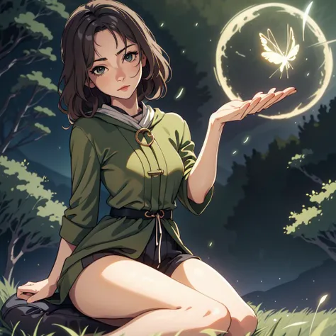 1 girl, melina \(elden ring\), visible panties, sittingon grass, yokozuwari, in mystic forest, night, fireflies, masterpiece, detailed, realistic style, best quality <lora:melina:0.8> <lora:concept_yokozuwari:0.7>