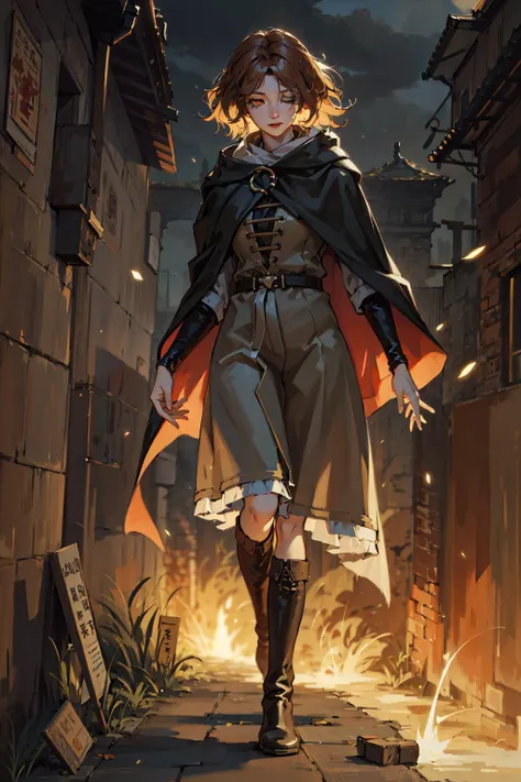 best quality, masterpiece,
melina \(elden ring\), brown hair,medium short hair, black cloak with hood,orange eyes,Tunic,belt,boots,full body, ashes and sparks in the air, (closed left eyes:1.4),(Scar on left eyes:1.4),
8k, high resolution, ultra detailed, professional digital painting, epic cinematic lighting, trending on artstation, 4k, hyperrealism, focused, extreme details, unreal engine 5, cinematic, masterpiece
<lora:melinaEldenRingLora_v1:0.85>