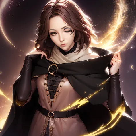 (masterpiece, best quality),1 girl,solo,elden ring style, contest winner, dark sky,fantasy art, high quality fantasy,(melina \(elden ring\)), cinematic light, brown eyes, brown hair, cloak, black cloak, long sleeves, looking at viewer, one eye closed,one eye opened, short hair, (yellow eyes:1.3), (pink hair:0.7), facial tattoo, expressionless, :|, (tottoo on eye:1.2), eye scar , controling the thunder
<lora:melinaEldenRingLora_v1:0.9>, <lora:eldenRingLora_v3:1>