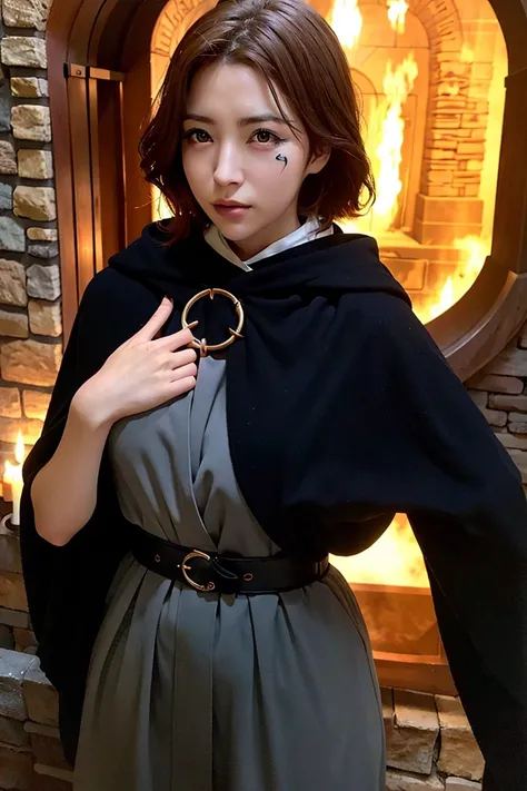 (8k, RAW photo, best quality, masterpiece:1.2), (realistic, photorealistic:1.4) ,detailed face,1girl,full body, (detailed face and eyes),masterpiece, best quality, detailed, masterpiece, best quality, (eurasian:0.4),solo, professional lighting, <lora:koreanDollLikeness_v15:0.35>,<lora:japaneseDollLikeness_v10:0.2>, <lora:melinaEldenRingLora_v1:0.9>,melina \(elden ring\),brown red hair,medium short hair,black cloak with hood,orange eyes,Tunic,belt,full body,(black Scar on left eyes:1.3), ultra high res,middle Ages background,fireplace,stone brick wall