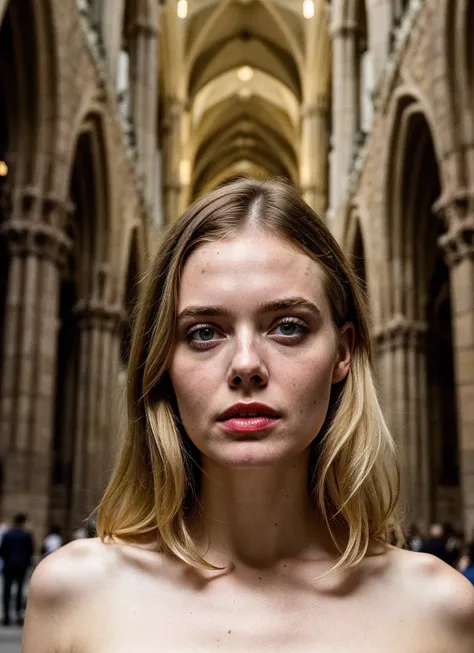 portrait of sks woman in Barcelona, at the Sagrada Familia, by Flora Borsi, style by Flora Borsi, bold, bright colours, ((Flora Borsi)), by Andreas Gursky, <lora:locon_ellenfanning_v1_from_v1_64_32:1>