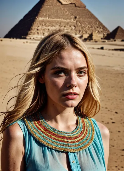European woman, closeup, sandals, (shirt), pants, (egyptian pyramids), ZM_elif, wide shoulders, perfect face, (contact iris: 1.1), pale skin, skin pores , looking_at_viewer, depth of field